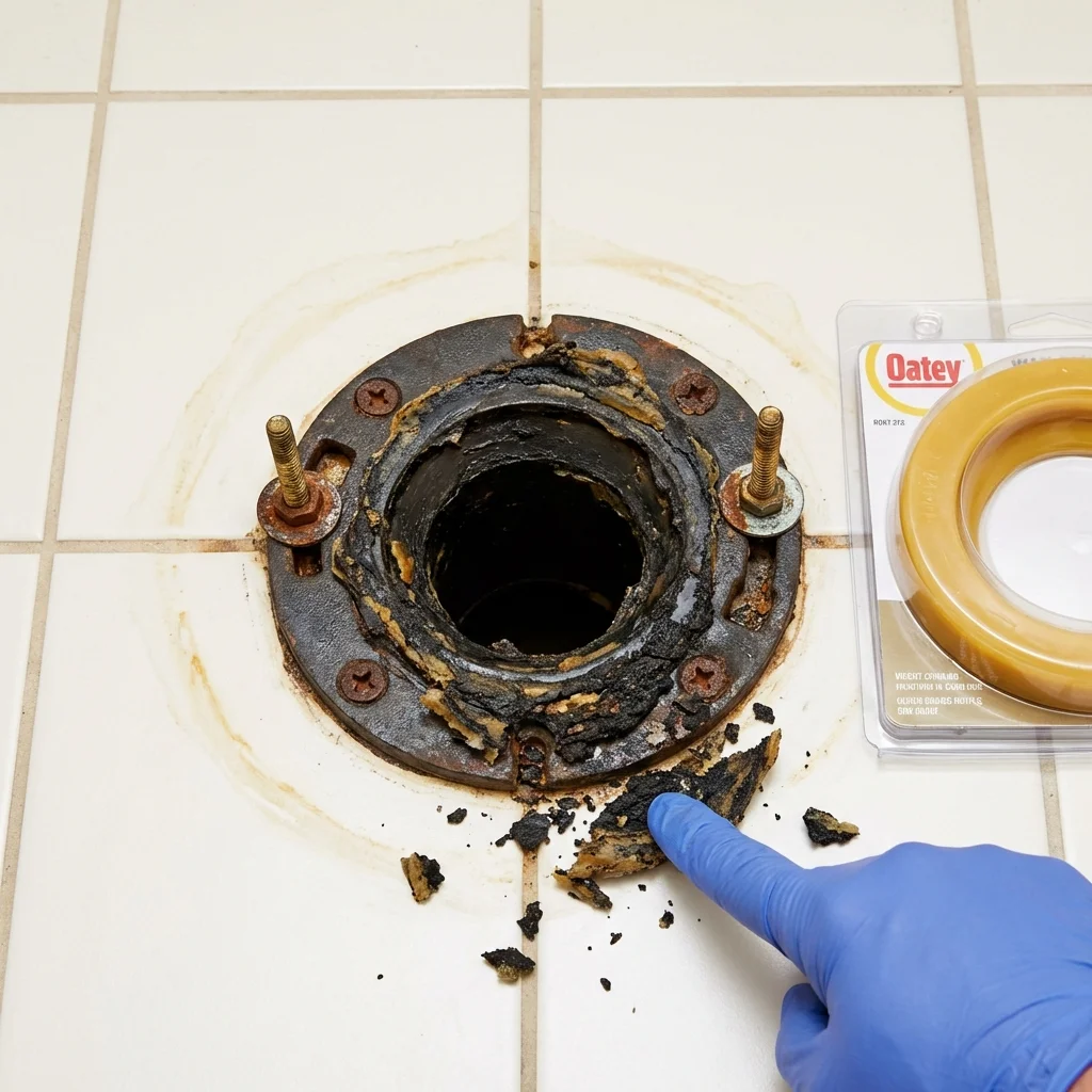 Failed wax ring showing water seepage at the base of a toilet in a Rogers, MN home