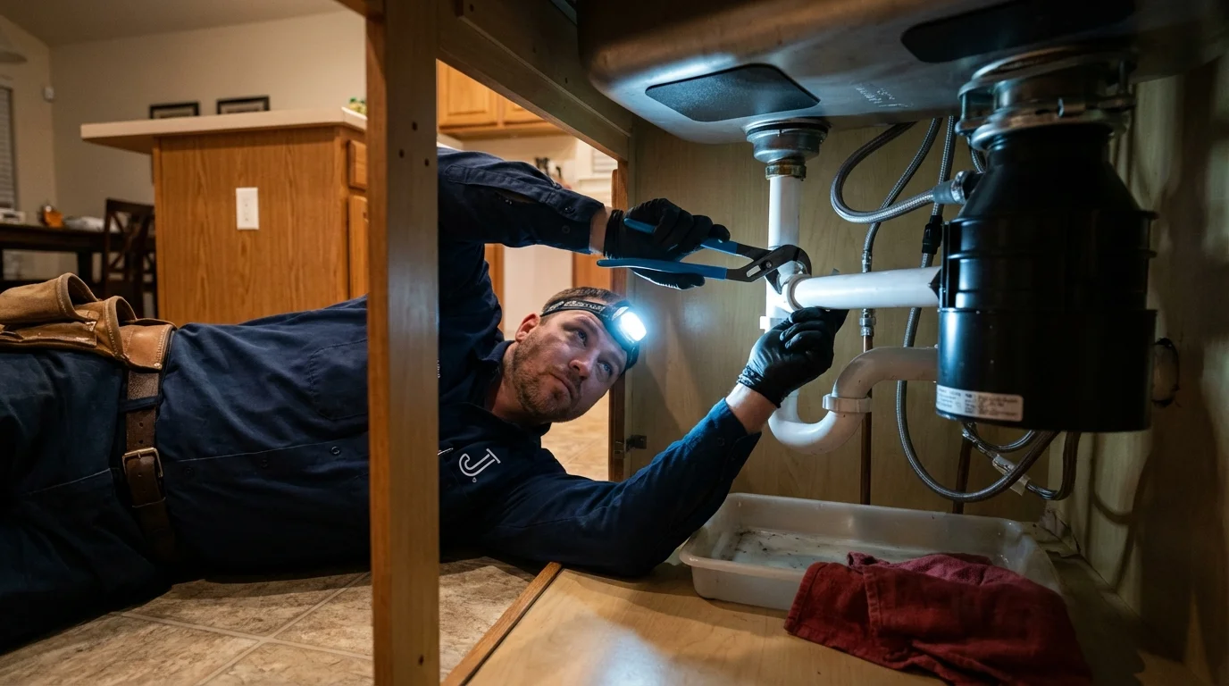 P-trap and supply line connections under a kitchen sink showing a common leak point in Rogers, MN